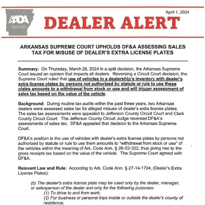DEALER ALERT - Use of Dealer's Extra License Plates